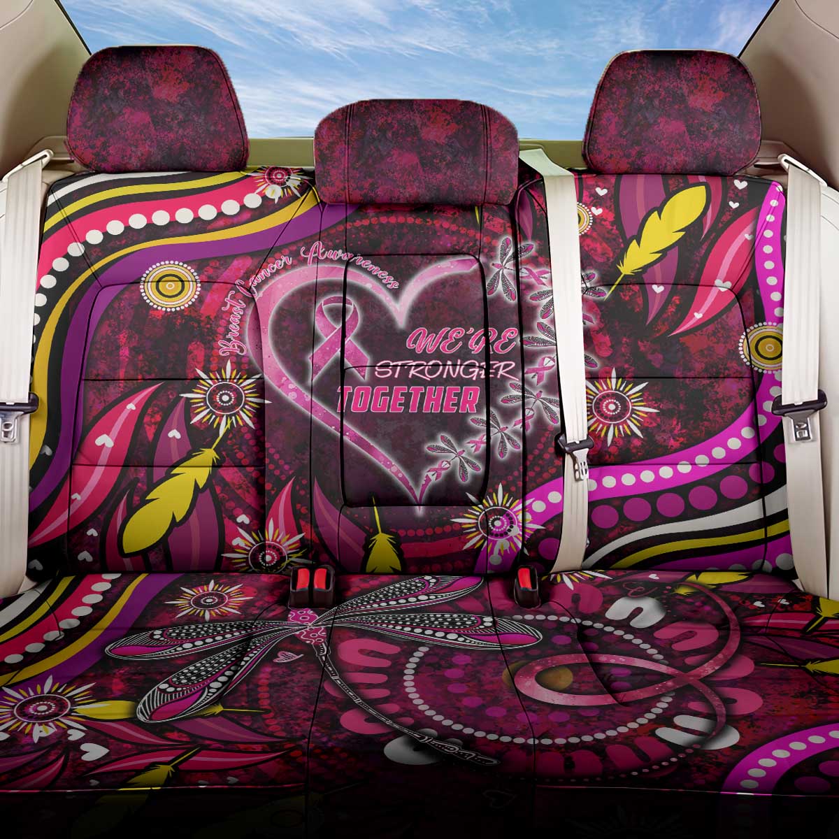 Breast Cancer Dragonfly Aboriginal Back Car Seat Cover We're Stronger Together