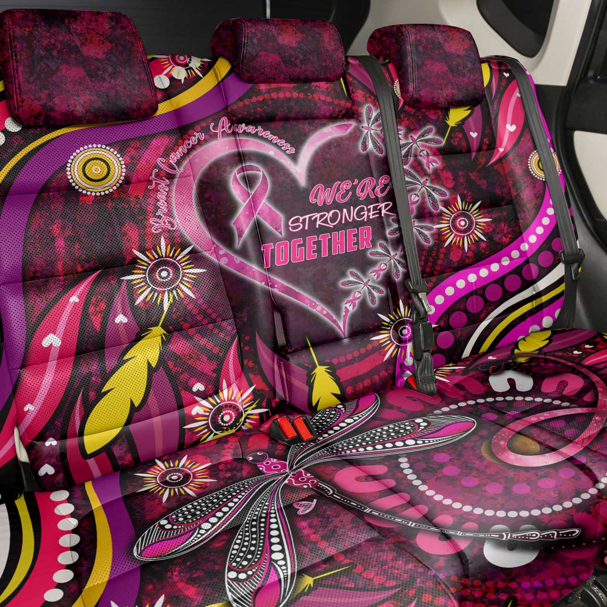 Breast Cancer Dragonfly Aboriginal Back Car Seat Cover We're Stronger Together