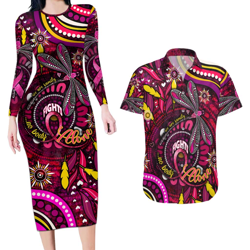 Breast Cancer Dragonfly Aboriginal Couples Matching Long Sleeve Bodycon Dress and Hawaiian Shirt We're Stronger Together