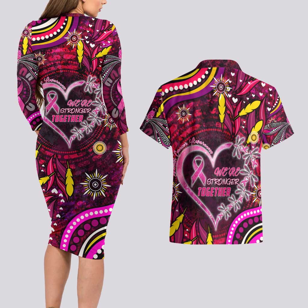 Breast Cancer Dragonfly Aboriginal Couples Matching Long Sleeve Bodycon Dress and Hawaiian Shirt We're Stronger Together