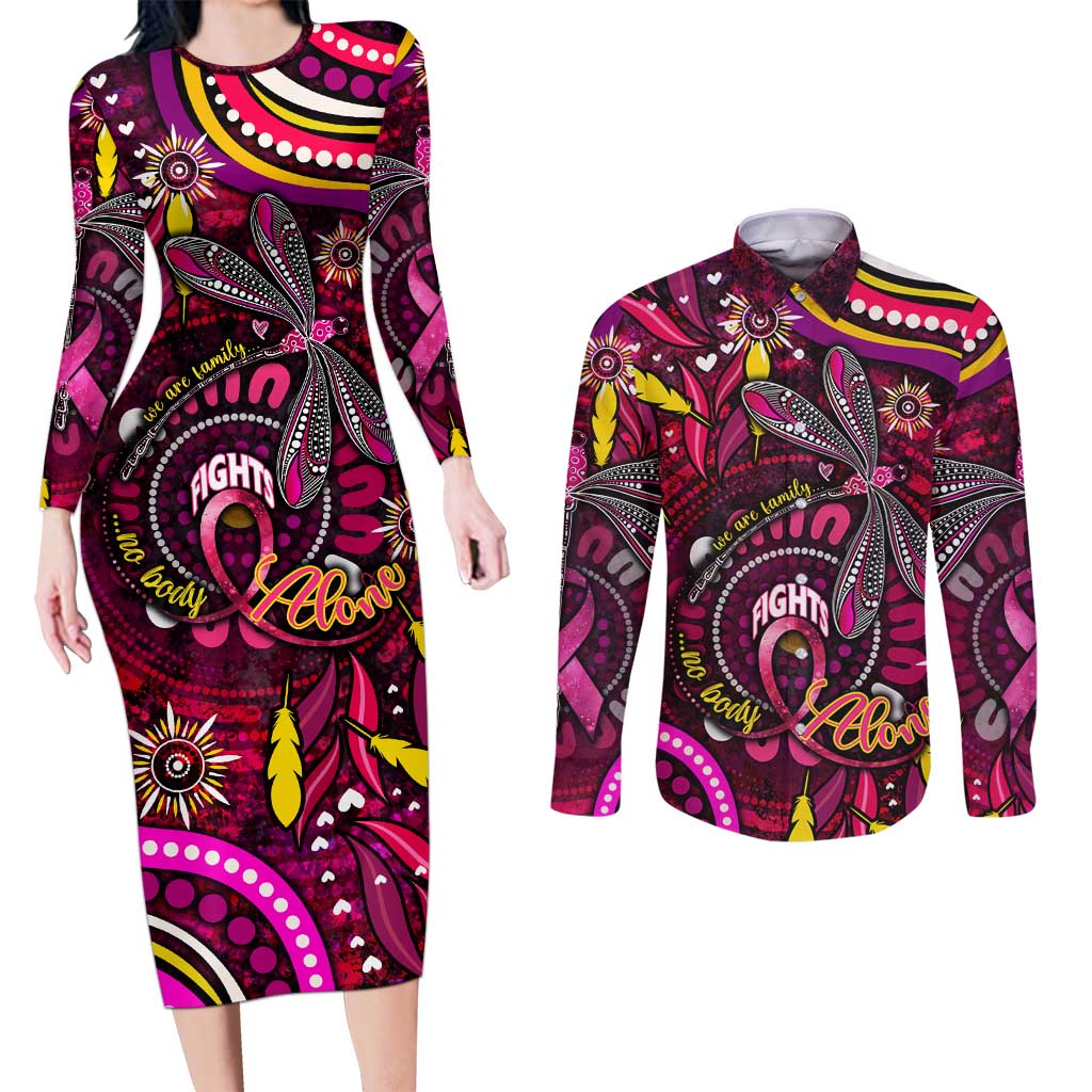 Breast Cancer Dragonfly Aboriginal Couples Matching Long Sleeve Bodycon Dress and Long Sleeve Button Shirt We're Stronger Together