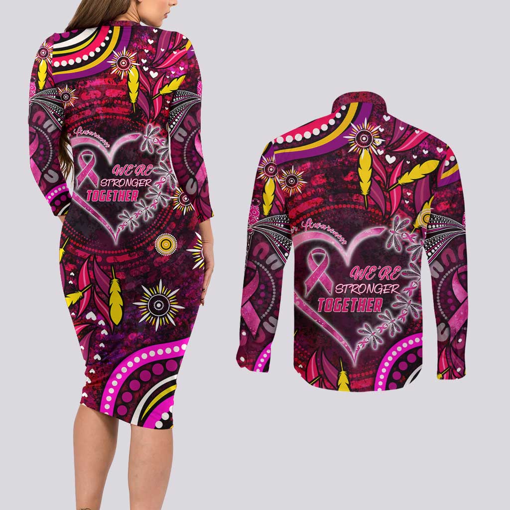 Breast Cancer Dragonfly Aboriginal Couples Matching Long Sleeve Bodycon Dress and Long Sleeve Button Shirt We're Stronger Together