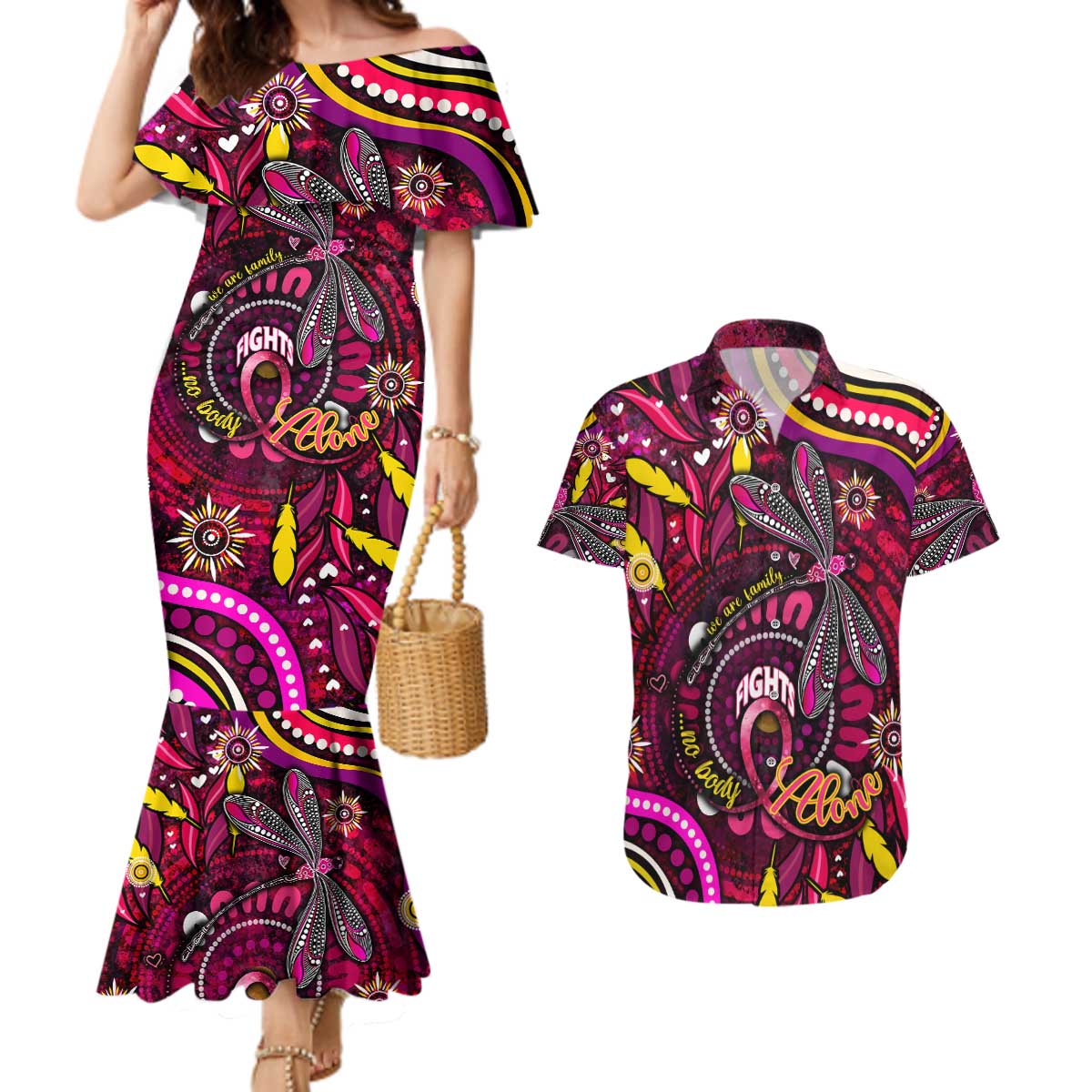 Breast Cancer Dragonfly Aboriginal Couples Matching Mermaid Dress and Hawaiian Shirt We're Stronger Together