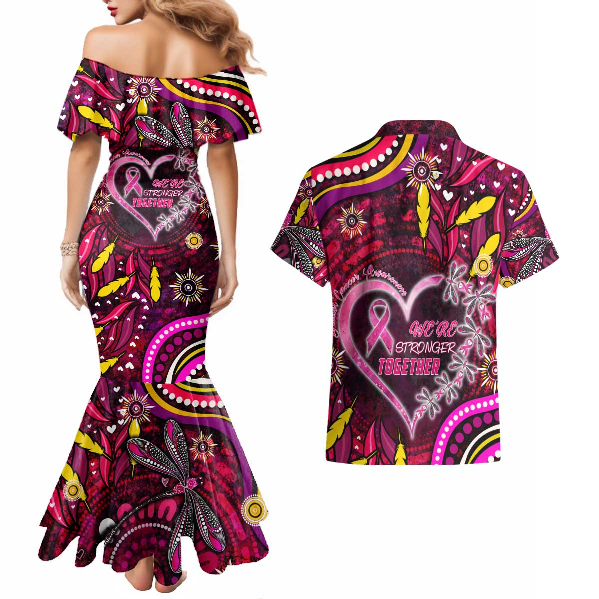 Breast Cancer Dragonfly Aboriginal Couples Matching Mermaid Dress and Hawaiian Shirt We're Stronger Together