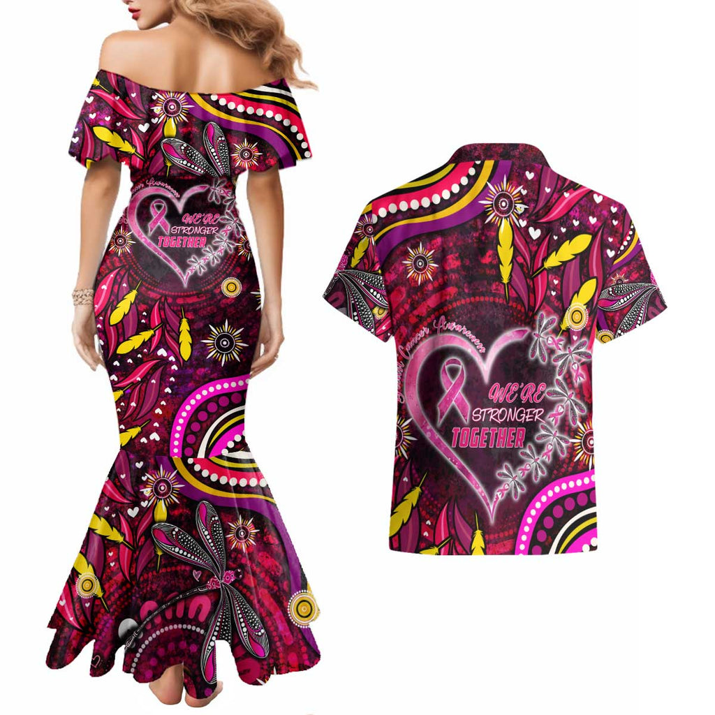 Breast Cancer Dragonfly Aboriginal Couples Matching Mermaid Dress and Hawaiian Shirt We're Stronger Together