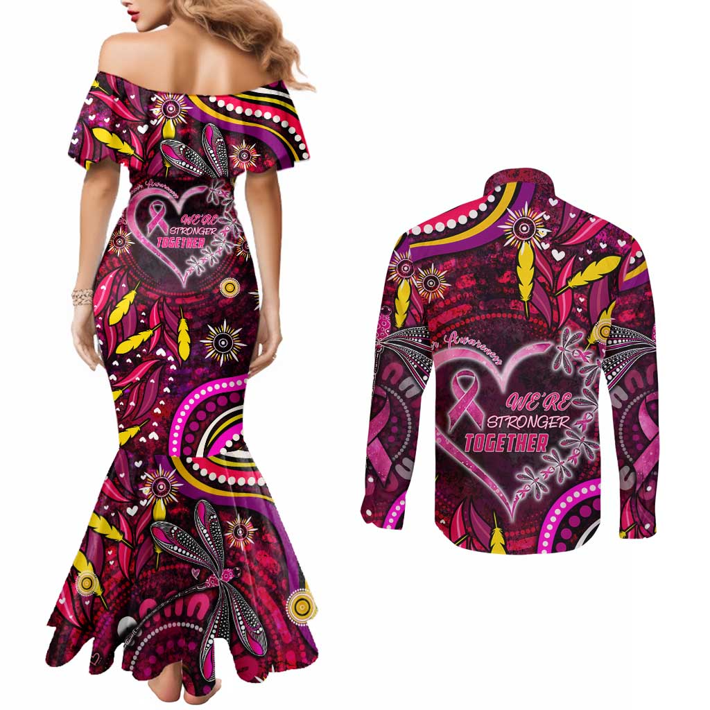 Breast Cancer Dragonfly Aboriginal Couples Matching Mermaid Dress and Long Sleeve Button Shirt We're Stronger Together