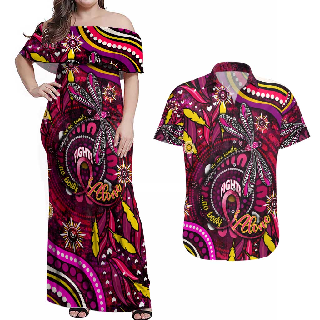 Breast Cancer Dragonfly Aboriginal Couples Matching Off Shoulder Maxi Dress and Hawaiian Shirt We're Stronger Together