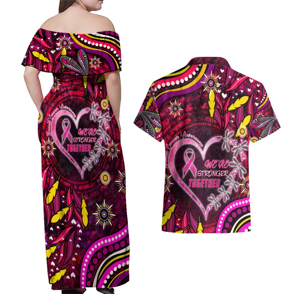 Breast Cancer Dragonfly Aboriginal Couples Matching Off Shoulder Maxi Dress and Hawaiian Shirt We're Stronger Together