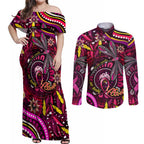Breast Cancer Dragonfly Aboriginal Couples Matching Off Shoulder Maxi Dress and Long Sleeve Button Shirt We're Stronger Together