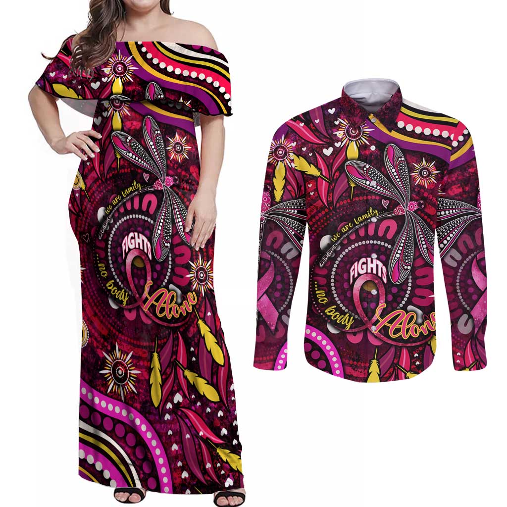 Breast Cancer Dragonfly Aboriginal Couples Matching Off Shoulder Maxi Dress and Long Sleeve Button Shirt We're Stronger Together