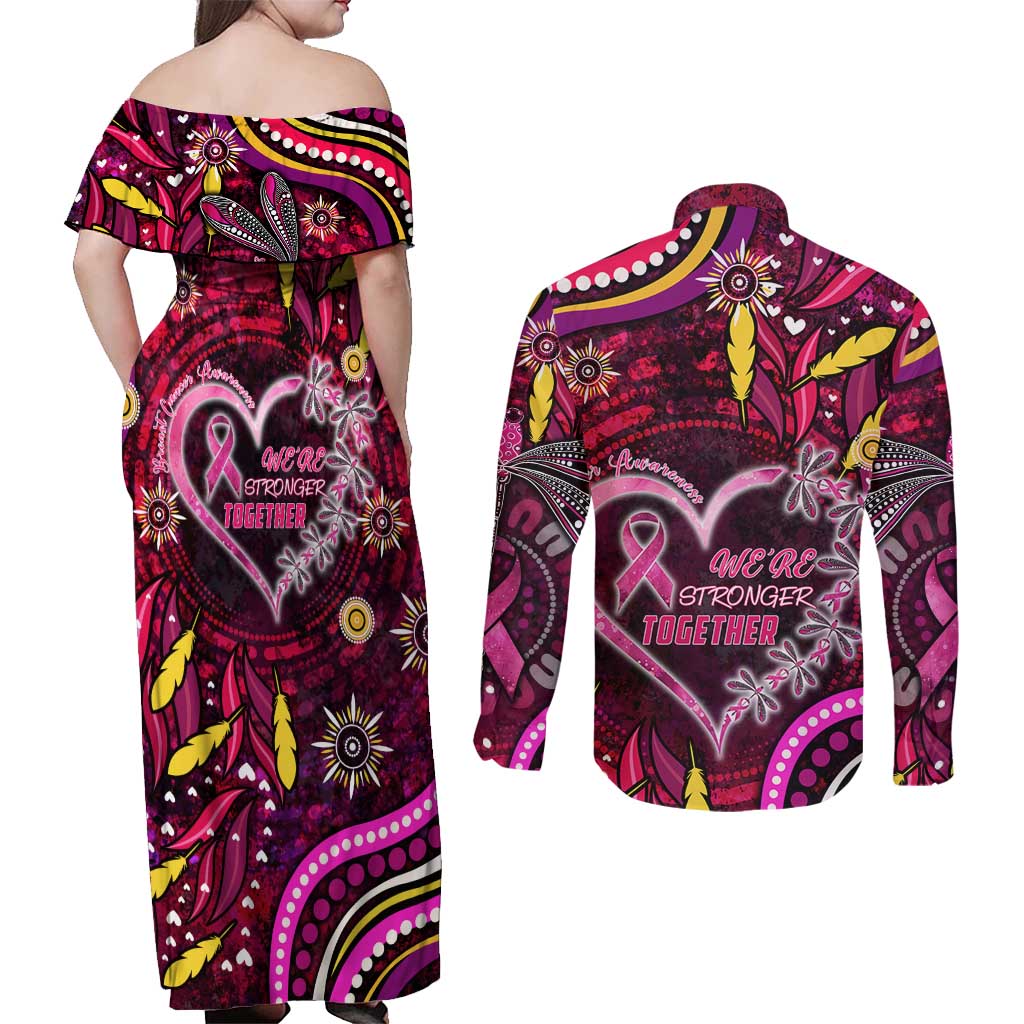 Breast Cancer Dragonfly Aboriginal Couples Matching Off Shoulder Maxi Dress and Long Sleeve Button Shirt We're Stronger Together