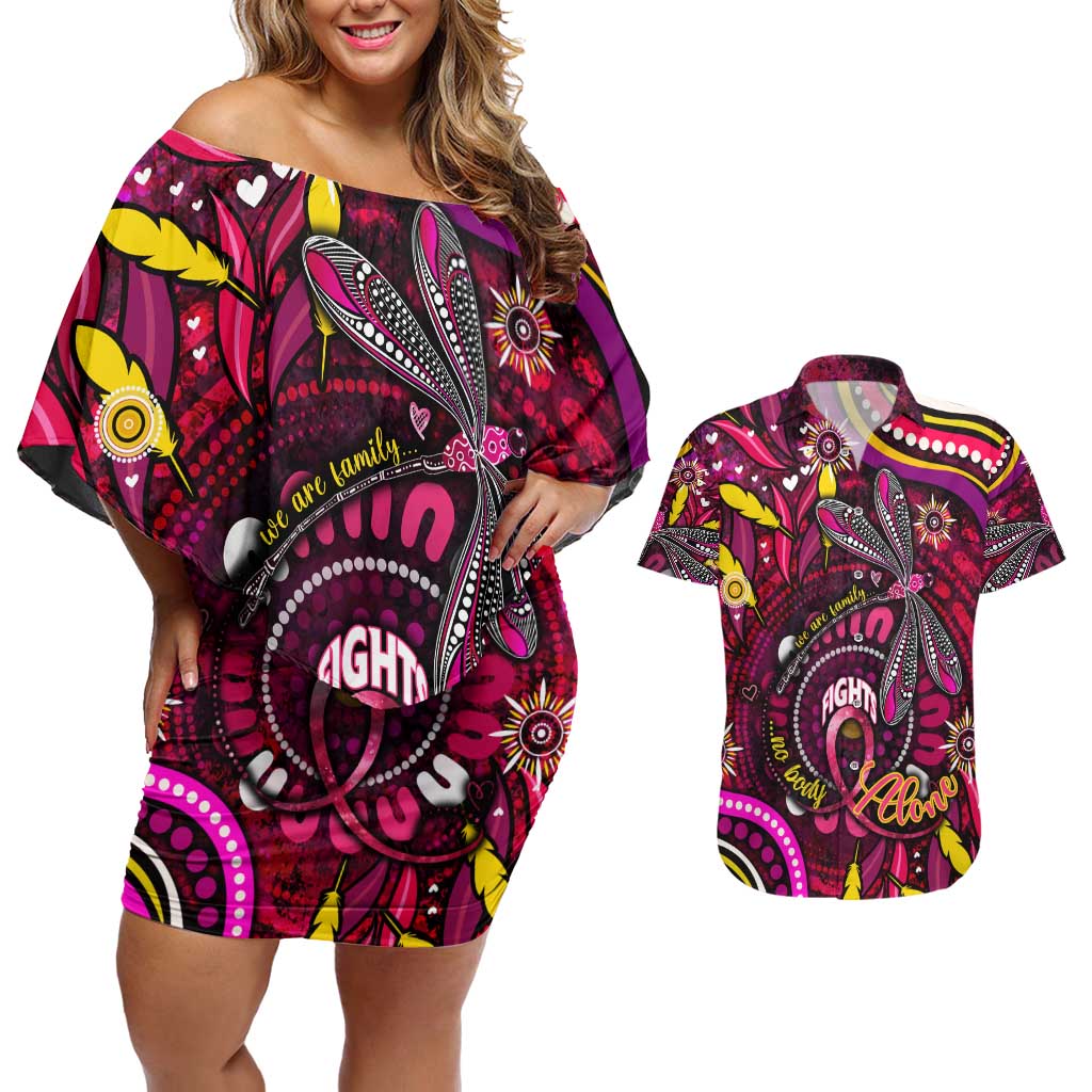 Breast Cancer Dragonfly Aboriginal Couples Matching Off Shoulder Short Dress and Hawaiian Shirt We're Stronger Together