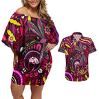 Breast Cancer Dragonfly Aboriginal Couples Matching Off Shoulder Short Dress and Hawaiian Shirt We're Stronger Together