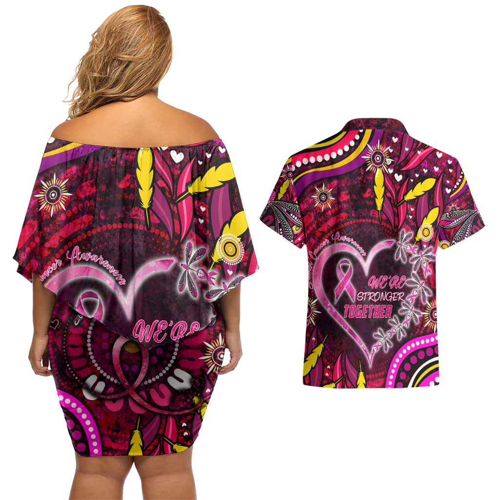 Breast Cancer Dragonfly Aboriginal Couples Matching Off Shoulder Short Dress and Hawaiian Shirt We're Stronger Together