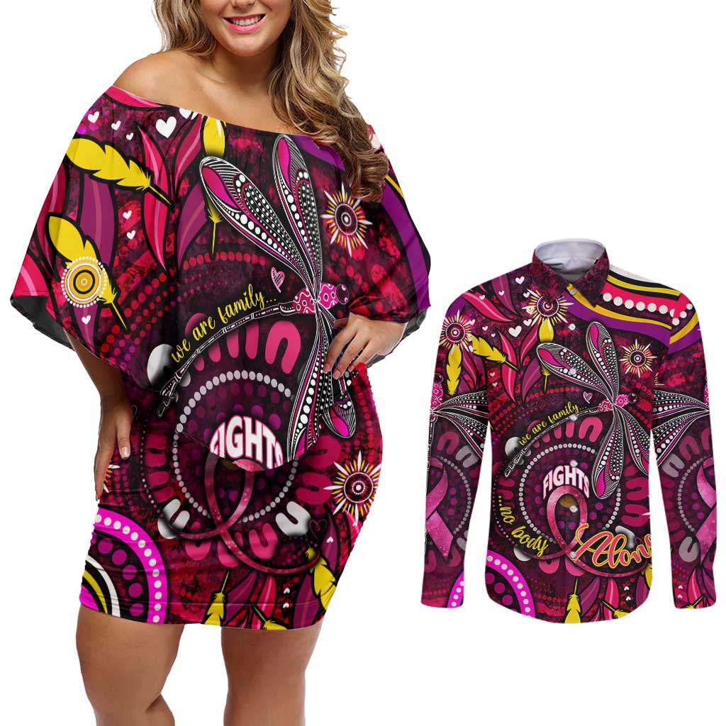 Breast Cancer Dragonfly Aboriginal Couples Matching Off Shoulder Short Dress and Long Sleeve Button Shirt We're Stronger Together