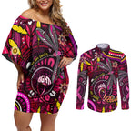 Breast Cancer Dragonfly Aboriginal Couples Matching Off Shoulder Short Dress and Long Sleeve Button Shirt We're Stronger Together