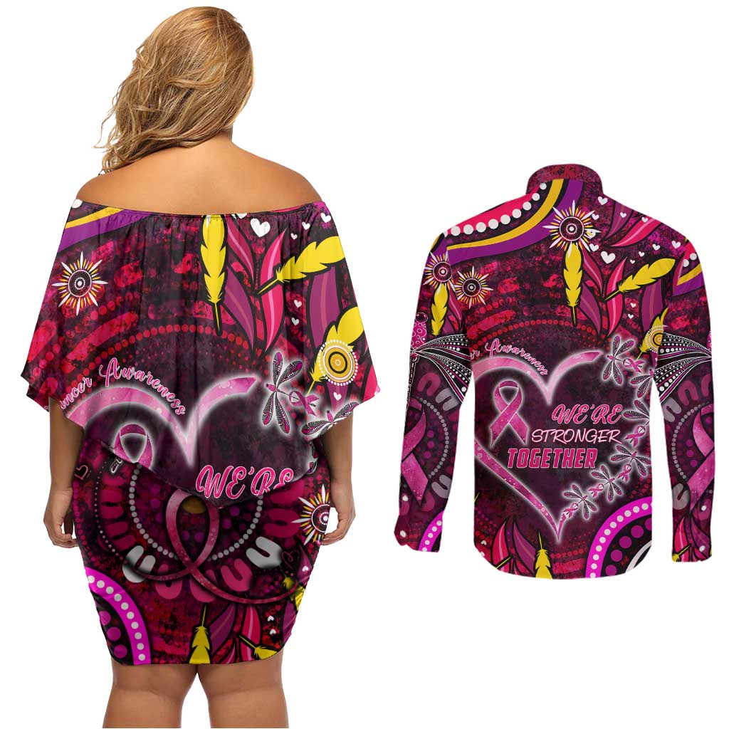 Breast Cancer Dragonfly Aboriginal Couples Matching Off Shoulder Short Dress and Long Sleeve Button Shirt We're Stronger Together