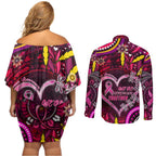 Breast Cancer Dragonfly Aboriginal Couples Matching Off Shoulder Short Dress and Long Sleeve Button Shirt We're Stronger Together