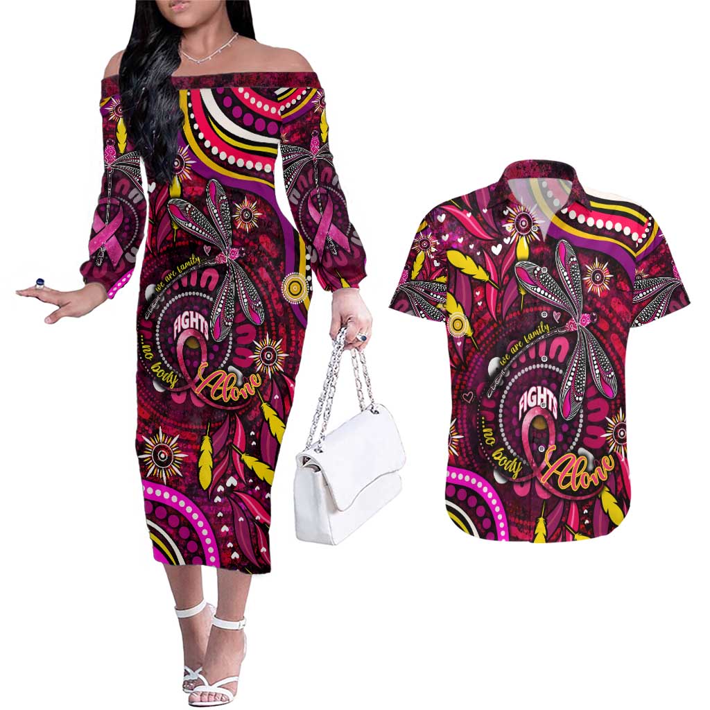 Breast Cancer Dragonfly Aboriginal Couples Matching Off The Shoulder Long Sleeve Dress and Hawaiian Shirt We're Stronger Together