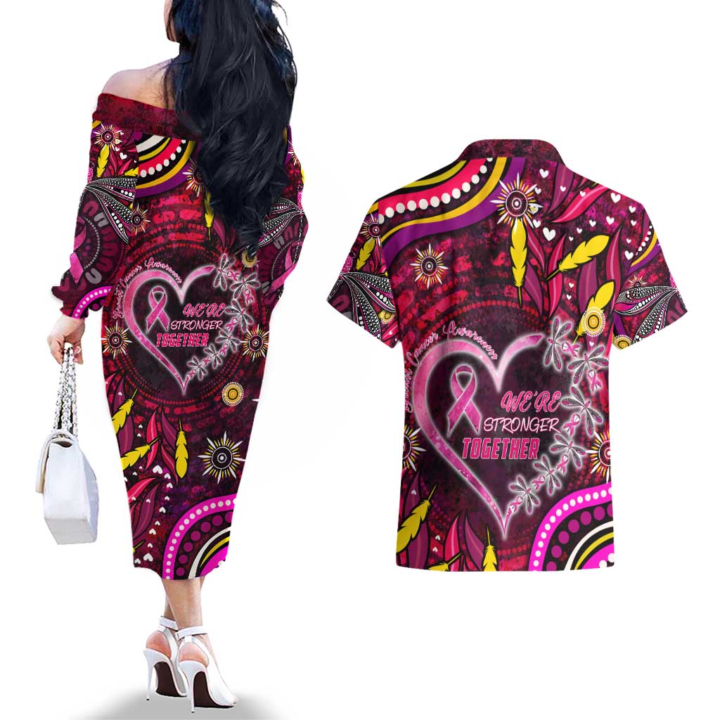 Breast Cancer Dragonfly Aboriginal Couples Matching Off The Shoulder Long Sleeve Dress and Hawaiian Shirt We're Stronger Together