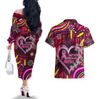 Breast Cancer Dragonfly Aboriginal Couples Matching Off The Shoulder Long Sleeve Dress and Hawaiian Shirt We're Stronger Together