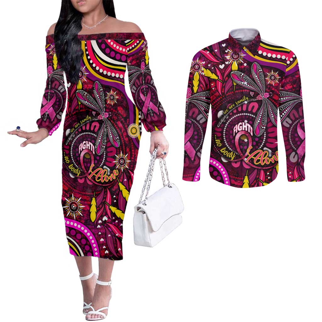 Breast Cancer Dragonfly Aboriginal Couples Matching Off The Shoulder Long Sleeve Dress and Long Sleeve Button Shirt We're Stronger Together