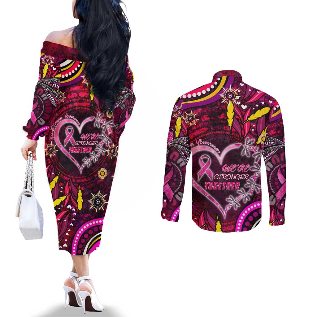 Breast Cancer Dragonfly Aboriginal Couples Matching Off The Shoulder Long Sleeve Dress and Long Sleeve Button Shirt We're Stronger Together