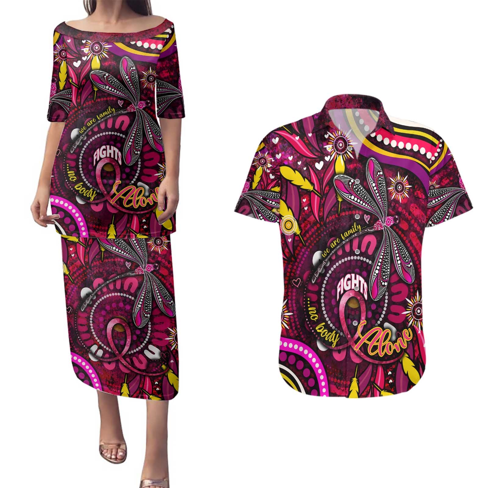 Breast Cancer Dragonfly Aboriginal Couples Matching Puletasi and Hawaiian Shirt We're Stronger Together