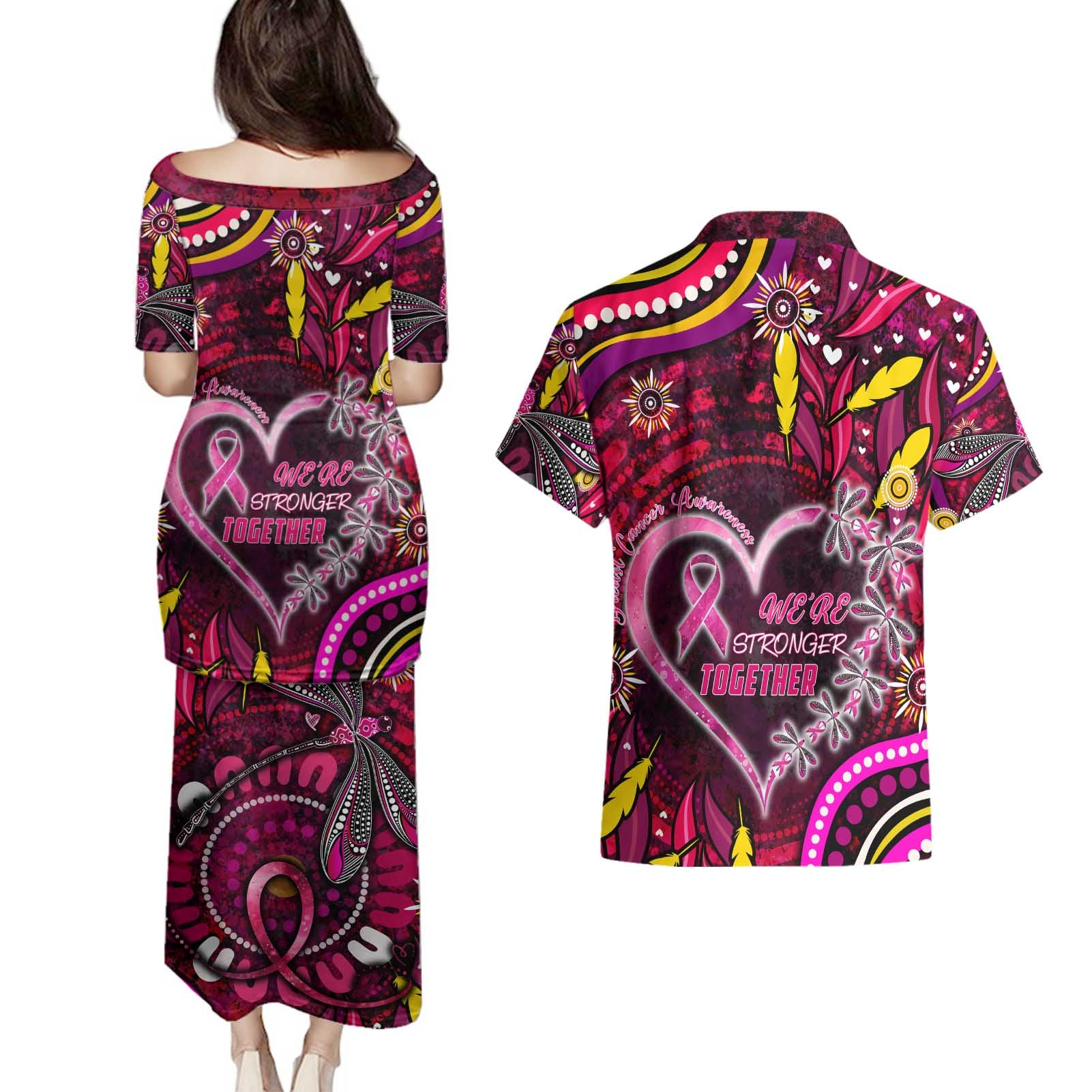 Breast Cancer Dragonfly Aboriginal Couples Matching Puletasi and Hawaiian Shirt We're Stronger Together