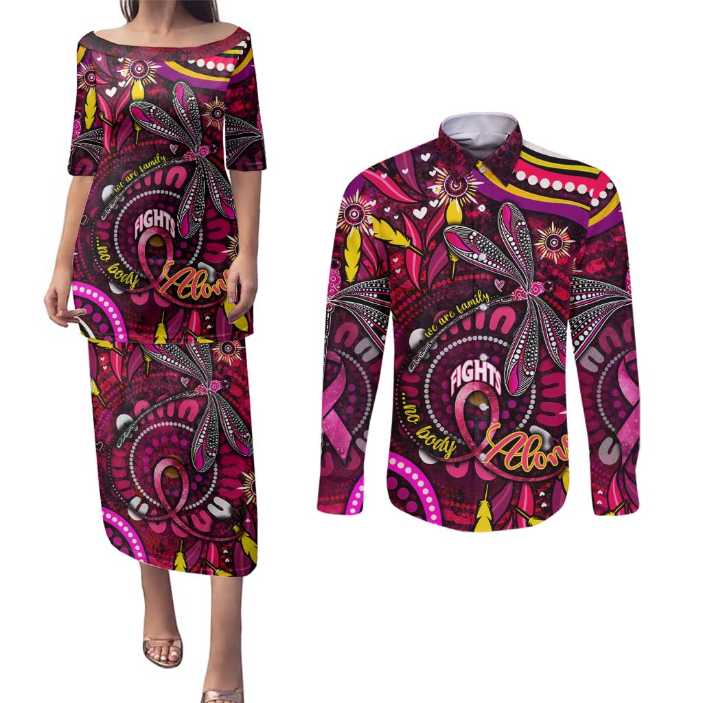 Breast Cancer Dragonfly Aboriginal Couples Matching Puletasi and Long Sleeve Button Shirt We're Stronger Together