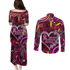 Breast Cancer Dragonfly Aboriginal Couples Matching Puletasi and Long Sleeve Button Shirt We're Stronger Together