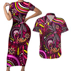 Breast Cancer Dragonfly Aboriginal Couples Matching Short Sleeve Bodycon Dress and Hawaiian Shirt We're Stronger Together
