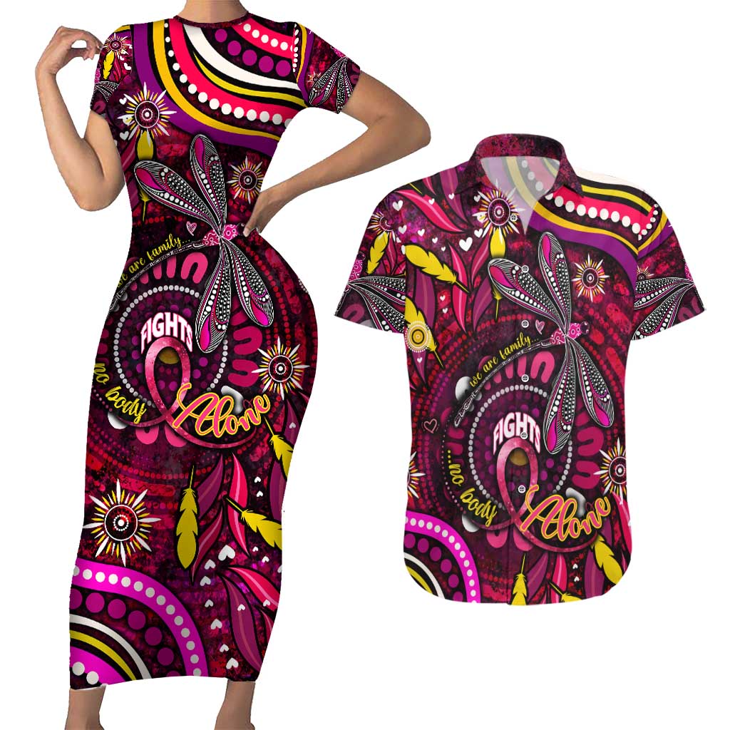 Breast Cancer Dragonfly Aboriginal Couples Matching Short Sleeve Bodycon Dress and Hawaiian Shirt We're Stronger Together