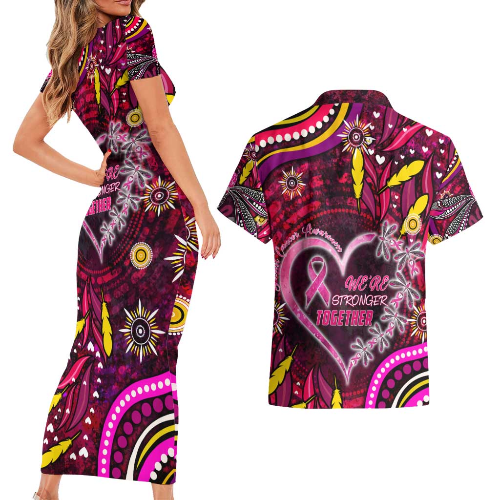 Breast Cancer Dragonfly Aboriginal Couples Matching Short Sleeve Bodycon Dress and Hawaiian Shirt We're Stronger Together