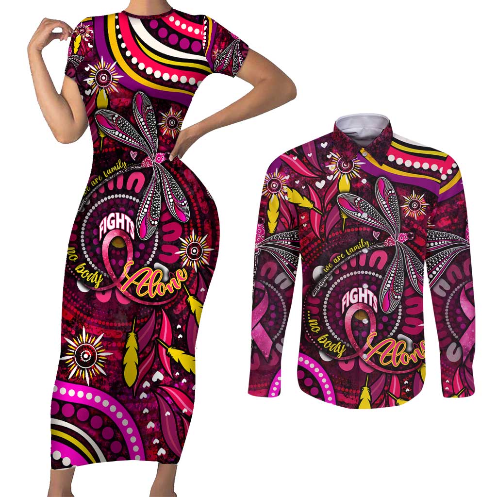 Breast Cancer Dragonfly Aboriginal Couples Matching Short Sleeve Bodycon Dress and Long Sleeve Button Shirt We're Stronger Together