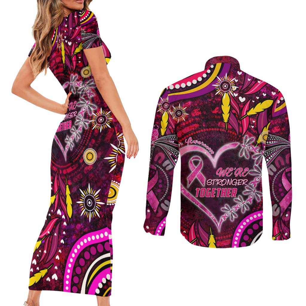 Breast Cancer Dragonfly Aboriginal Couples Matching Short Sleeve Bodycon Dress and Long Sleeve Button Shirt We're Stronger Together