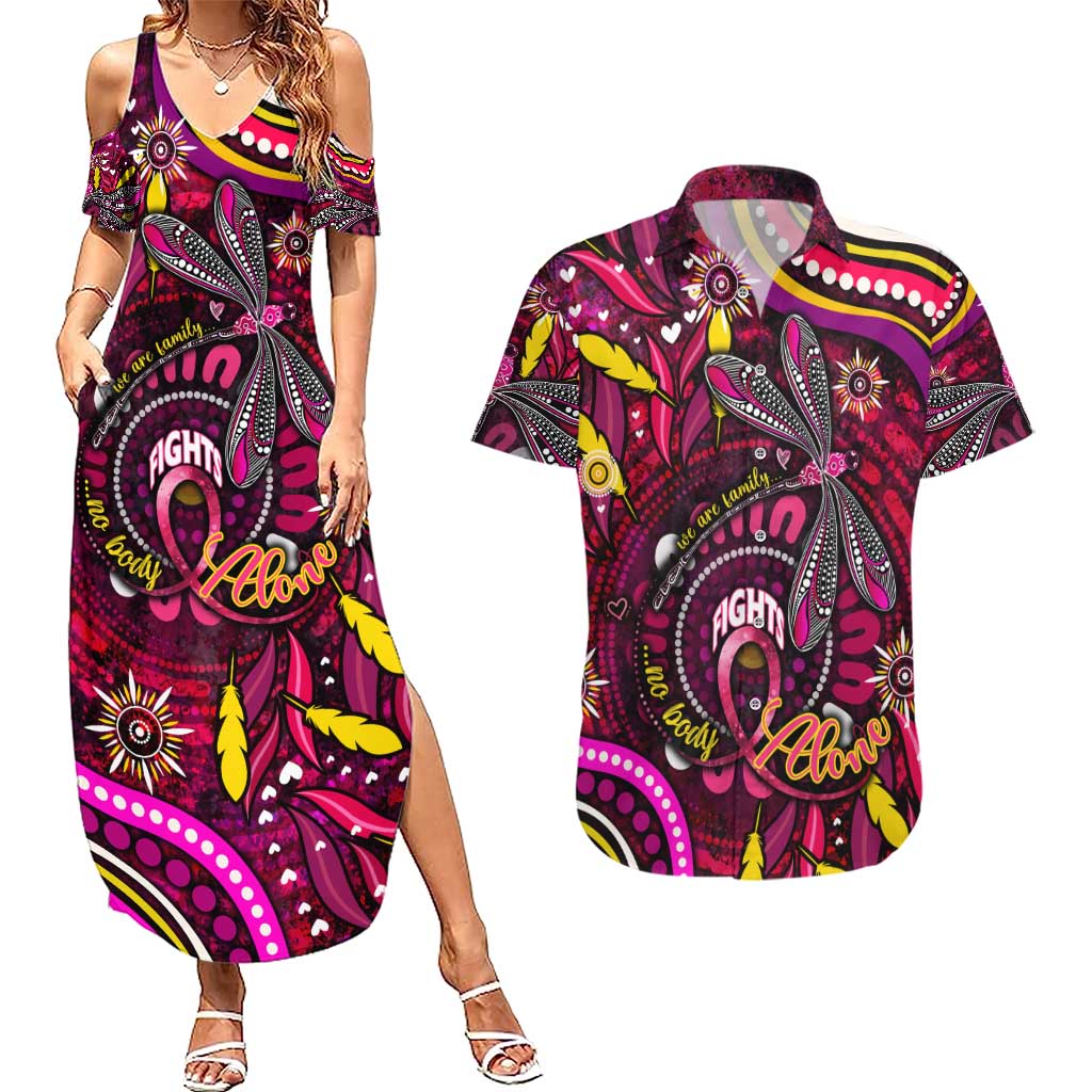 Breast Cancer Dragonfly Aboriginal Couples Matching Summer Maxi Dress and Hawaiian Shirt We're Stronger Together