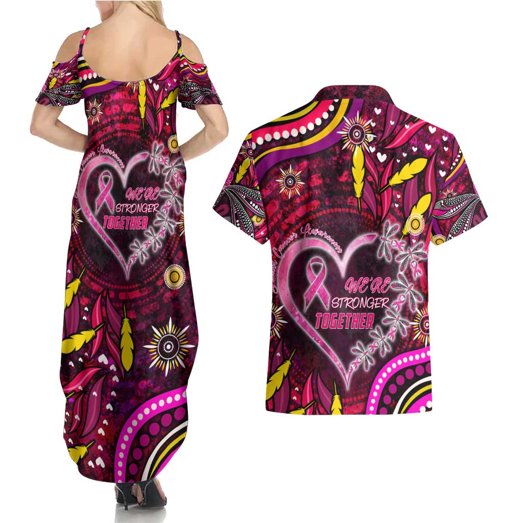 Breast Cancer Dragonfly Aboriginal Couples Matching Summer Maxi Dress and Hawaiian Shirt We're Stronger Together