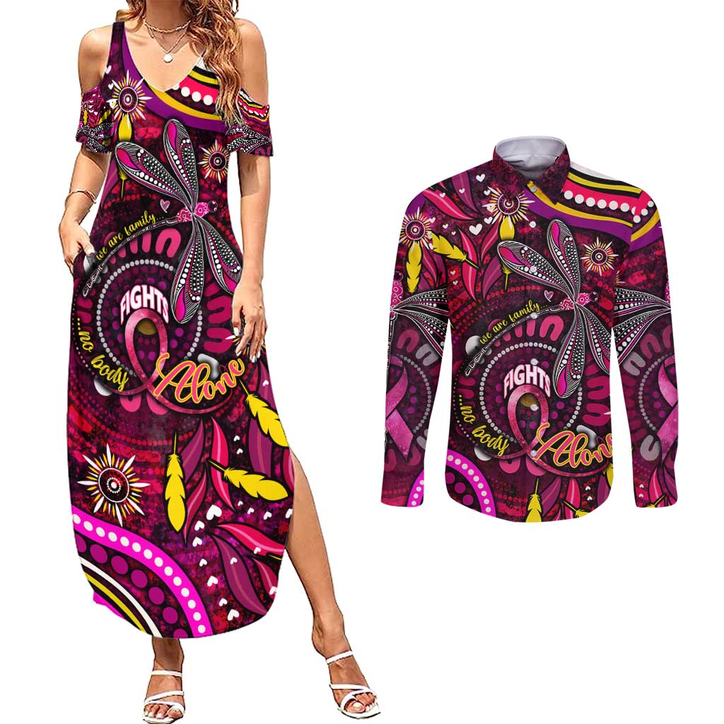 Breast Cancer Dragonfly Aboriginal Couples Matching Summer Maxi Dress and Long Sleeve Button Shirt We're Stronger Together