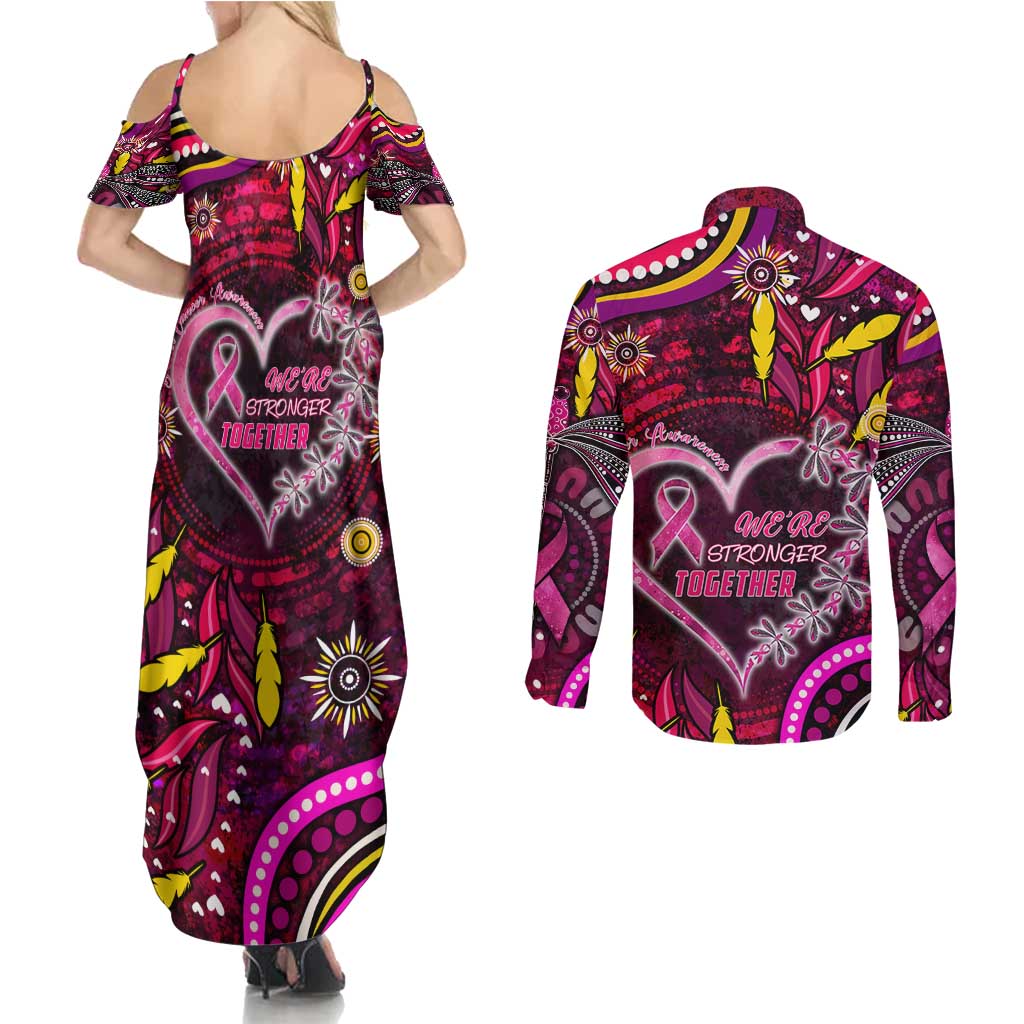 Breast Cancer Dragonfly Aboriginal Couples Matching Summer Maxi Dress and Long Sleeve Button Shirt We're Stronger Together