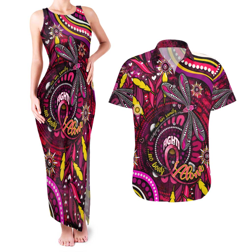 Breast Cancer Dragonfly Aboriginal Couples Matching Tank Maxi Dress and Hawaiian Shirt We're Stronger Together