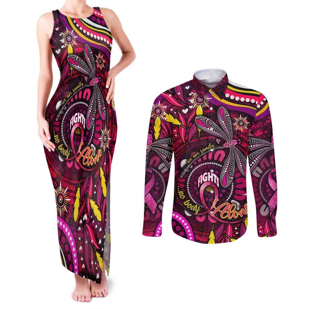 Breast Cancer Dragonfly Aboriginal Couples Matching Tank Maxi Dress and Long Sleeve Button Shirt We're Stronger Together