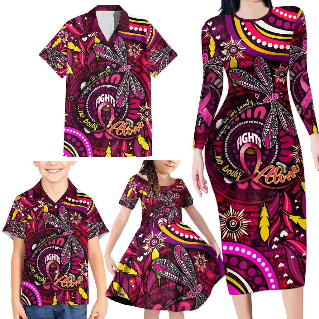 Breast Cancer Dragonfly Aboriginal Family Matching Long Sleeve Bodycon Dress and Hawaiian Shirt We're Stronger Together