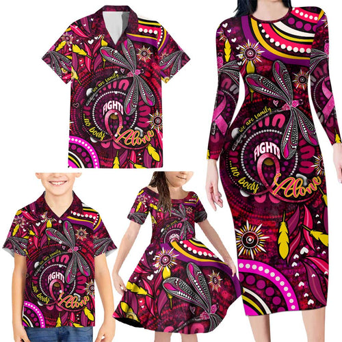 Breast Cancer Dragonfly Aboriginal Family Matching Long Sleeve Bodycon Dress and Hawaiian Shirt We're Stronger Together