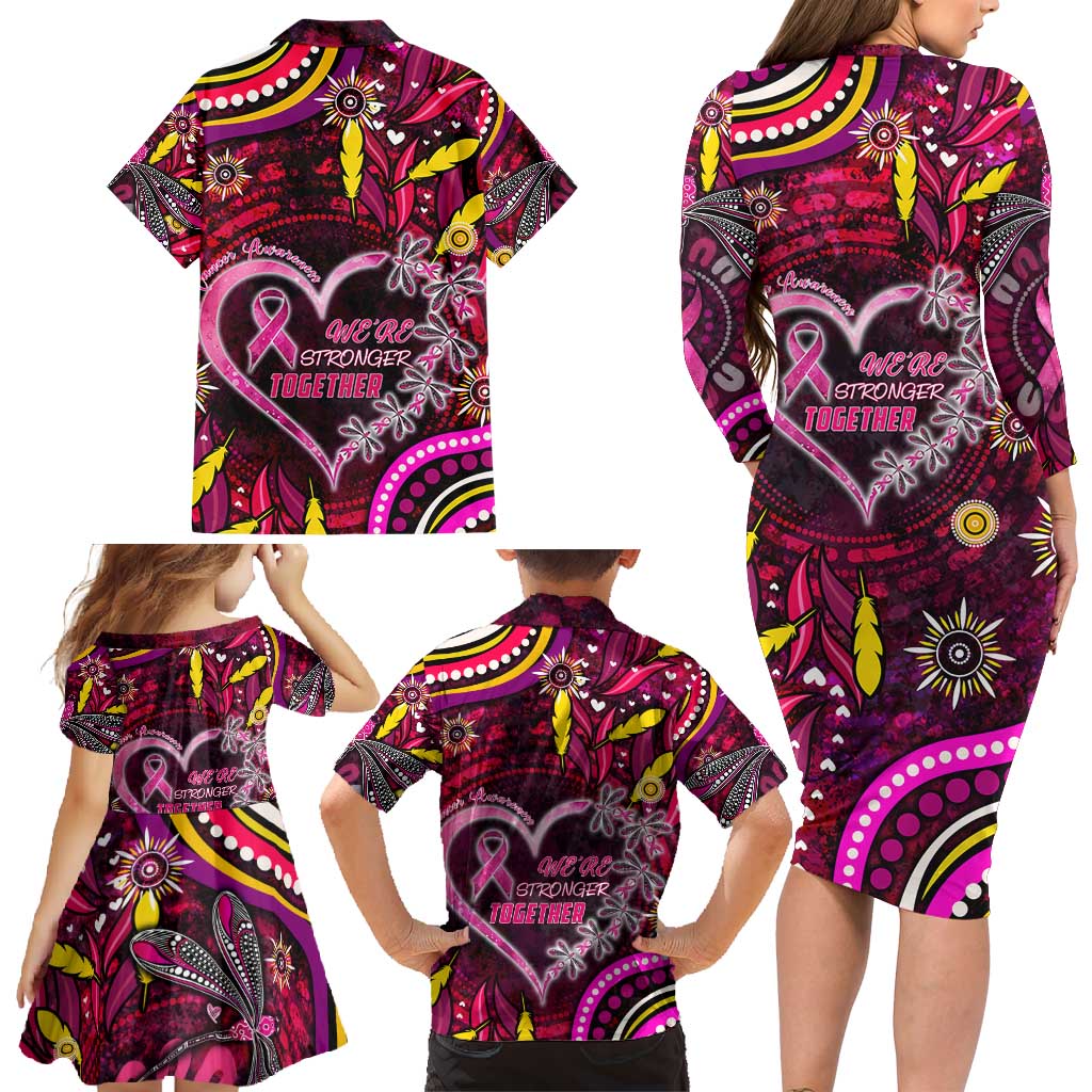 Breast Cancer Dragonfly Aboriginal Family Matching Long Sleeve Bodycon Dress and Hawaiian Shirt We're Stronger Together