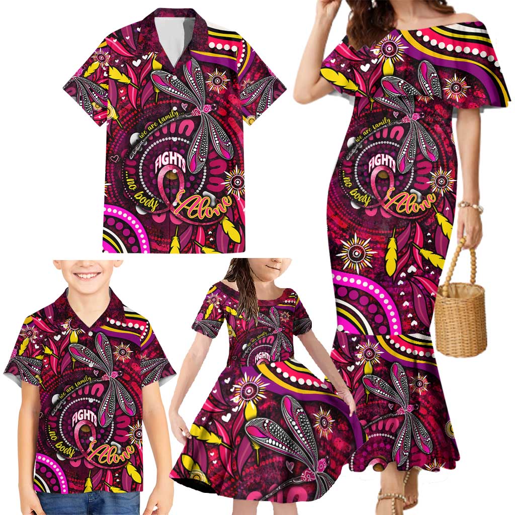 Breast Cancer Dragonfly Aboriginal Family Matching Mermaid Dress and Hawaiian Shirt We're Stronger Together