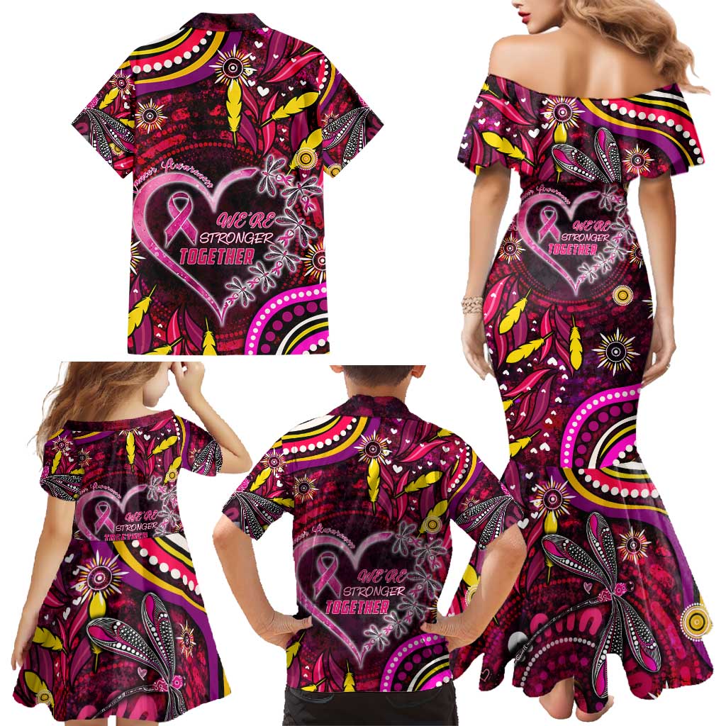 Breast Cancer Dragonfly Aboriginal Family Matching Mermaid Dress and Hawaiian Shirt We're Stronger Together