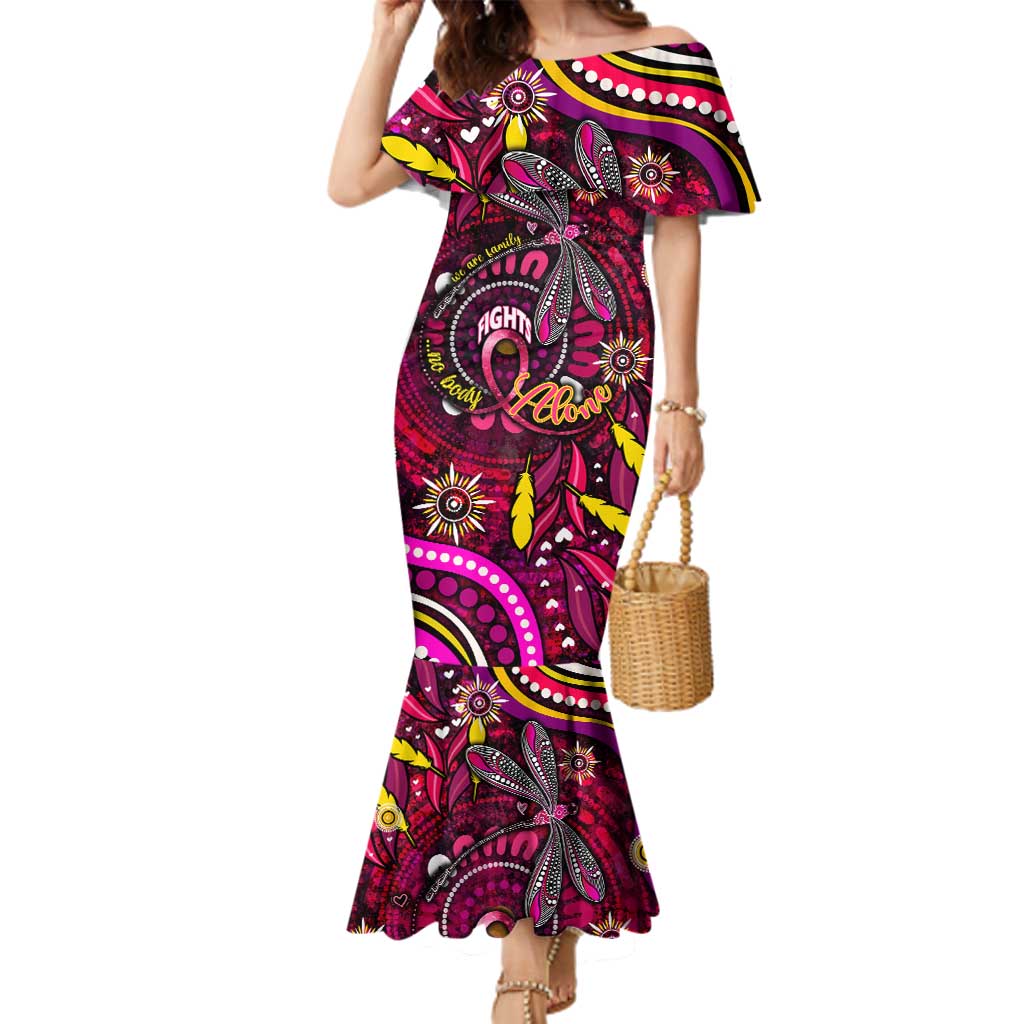 Breast Cancer Dragonfly Aboriginal Family Matching Mermaid Dress and Hawaiian Shirt We're Stronger Together