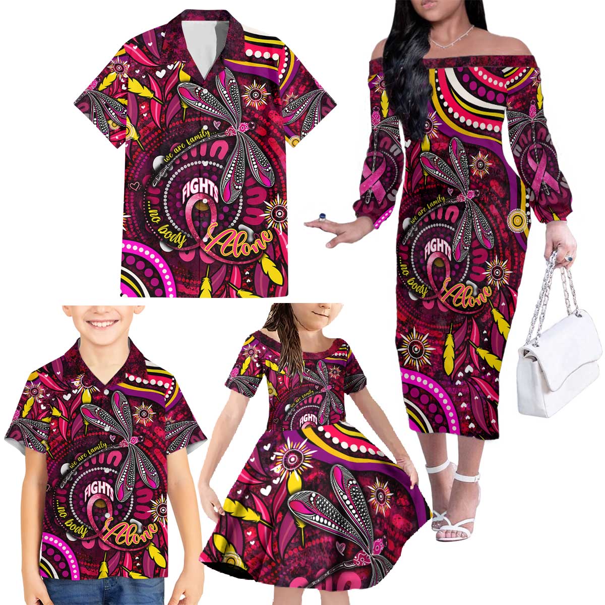 Breast Cancer Dragonfly Aboriginal Family Matching Off The Shoulder Long Sleeve Dress and Hawaiian Shirt We're Stronger Together