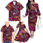 Breast Cancer Dragonfly Aboriginal Family Matching Off The Shoulder Long Sleeve Dress and Hawaiian Shirt We're Stronger Together